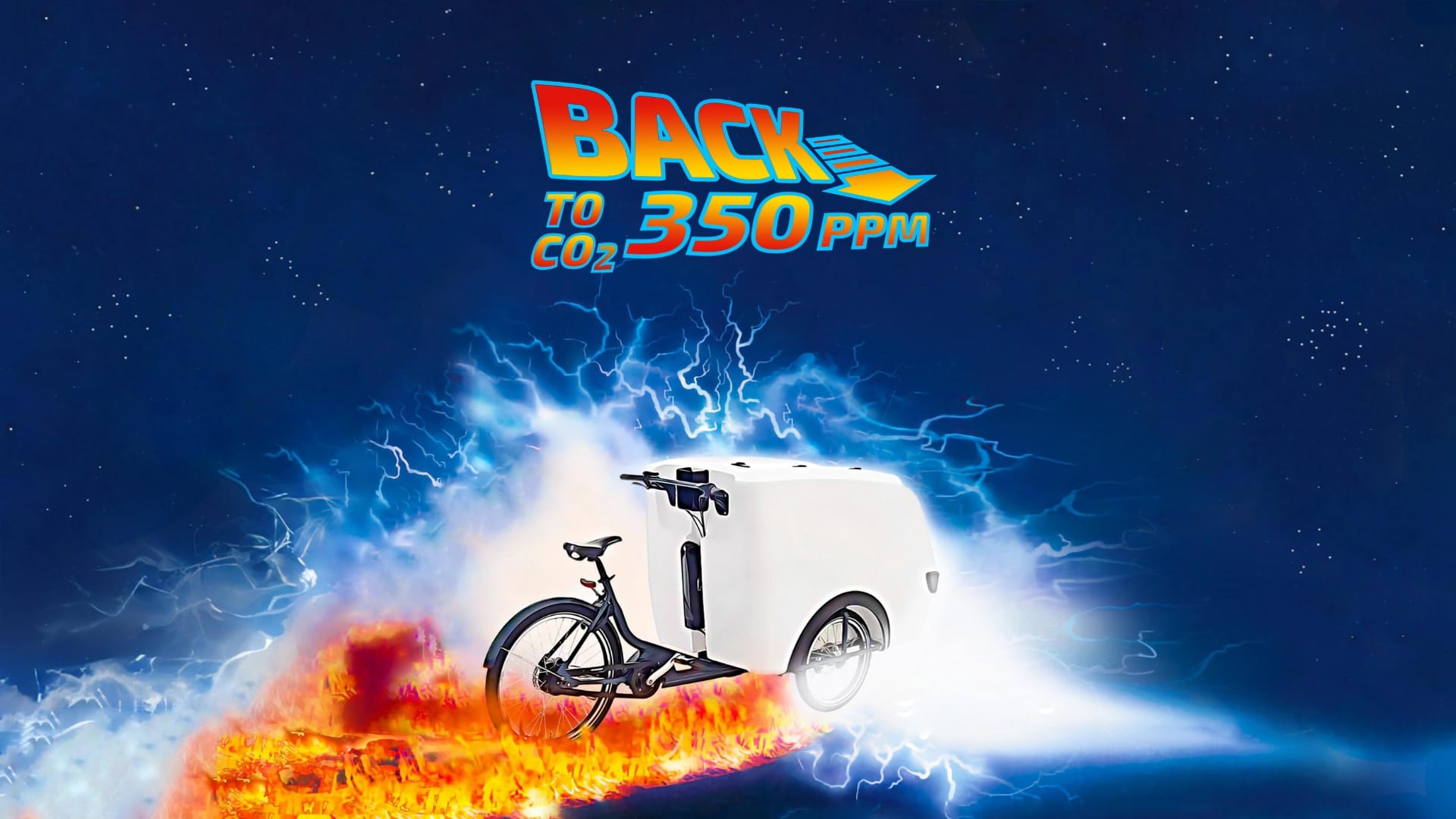 BACK TO CO2 350PPM - graphic in the style of Back tot he Future. instead of the DeLorean, it's a cargo trike. flames coming out of the wheels, eletricity all around. stars and constellations in the background