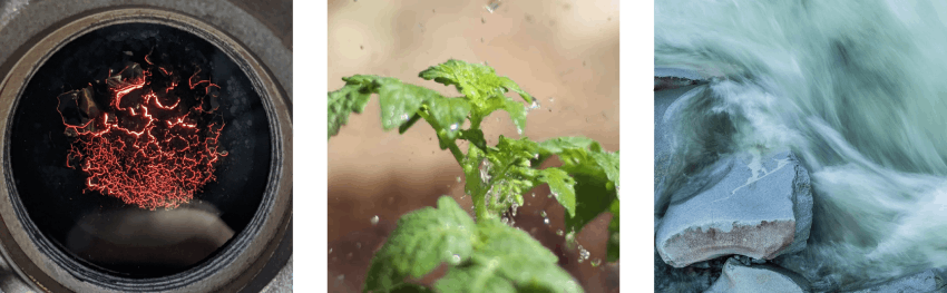 three images. the first one is the inside of a pyrolizer, making biochar. the second one is a tomato plant with water splashing on it. the third one is some cool-toned rocks with sort of abstract waves crashing over them.
