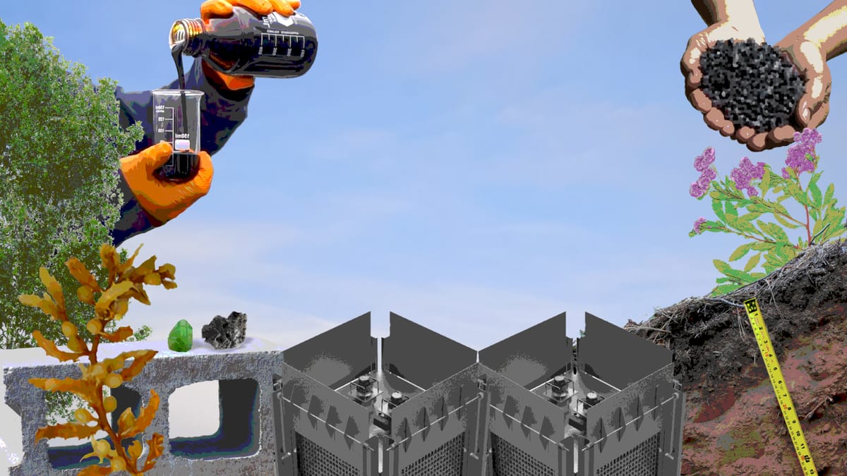 Blue sky, faint clouds. Poplar Tree. Someone pouring bio-oil. Concrete block. Olivine and basalt. Seaweed. Two DAC machines. Soil + measuring tape. Tessaria flower. Hands holding biochar.