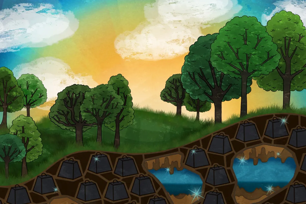beautiful artwork featuring rolling hills, a sunrise, luscious trees. biochar is depicted as little tons of carbon under the surface of the ground, with some pockets of liquid interspersed